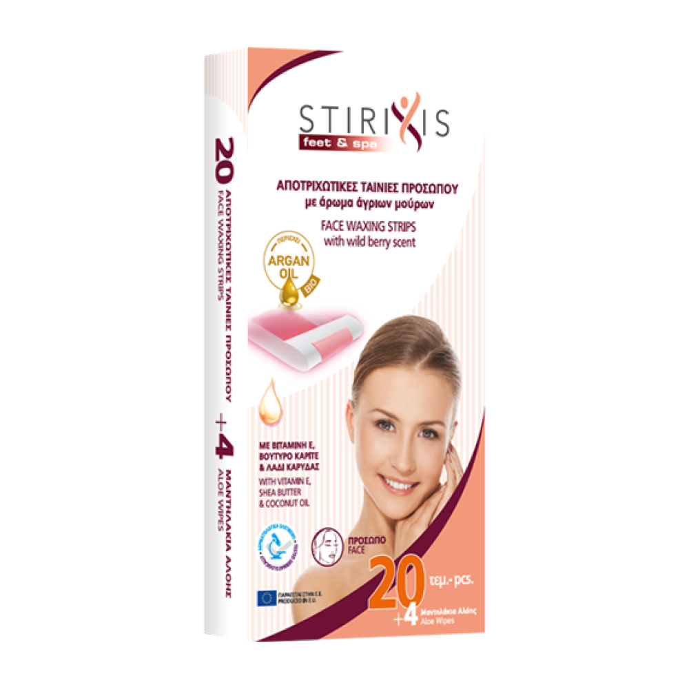 Stirixis Feet & Spa Face Waxing Strips 20pcs + Aloe Wipes 4pcs (Αποτριχωτικές ταινίες προσώπου)