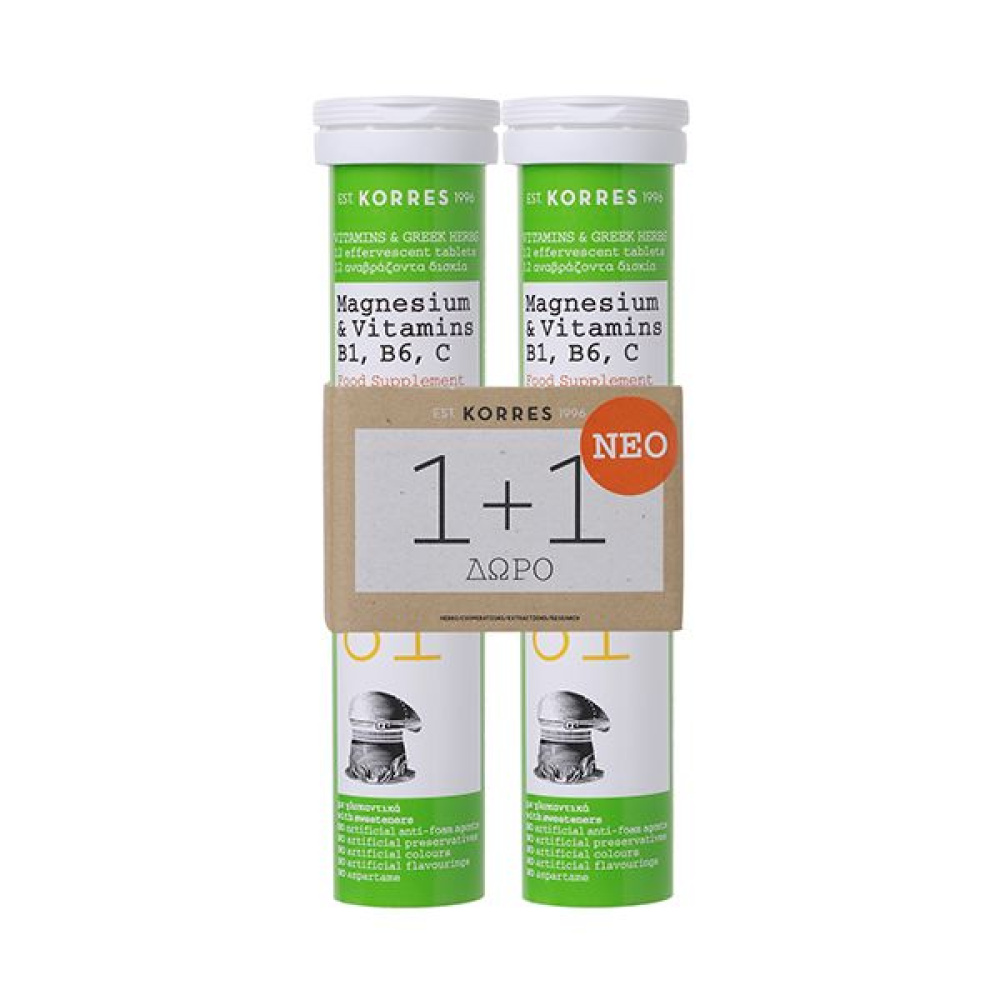 Korres Magnesium & Vitamins B1, B6, C, 12 Αναβράζοντα Δισκία ,1+1 Δώρο