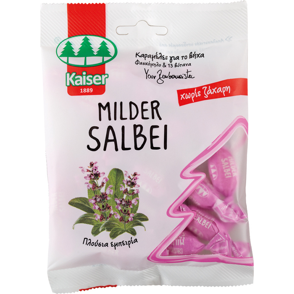 Kaiser Milder Salbei Καραμέλες για τον Ερεθισμένο Λαιμό & το Βήχα με Φασκόμηλο & 13 Βότανα - Χωρίς Ζάχαρη, 60g