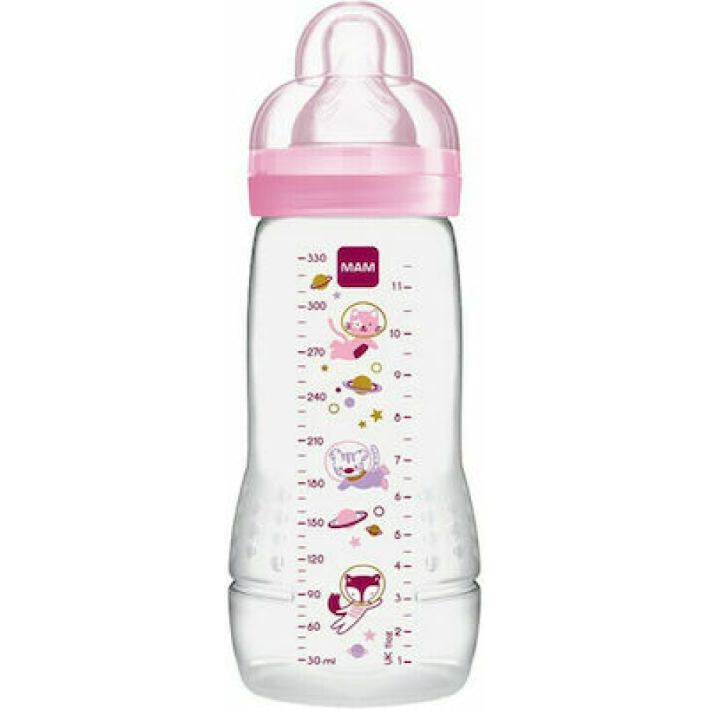 Mam Πλαστικό Μπιμπερό Easy Active με Θηλή Σιλικόνης 330ml για 4+ μηνών Ροζ Ζωάκια