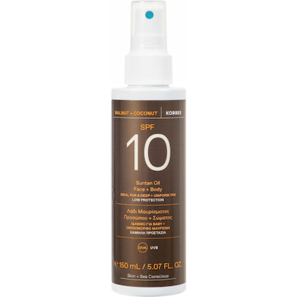 Korres Walnut & Coconut Αδιάβροχο Αντηλιακό Λάδι Προσώπου και Σώματος SPF10 σε Spray 150ml